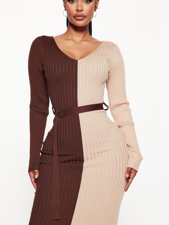 Fashion Nova Dresses & Skirts - Autumn Vibes - Two-Tone Asymmetrical Ribbed Wrap Dress in Brown and Tan